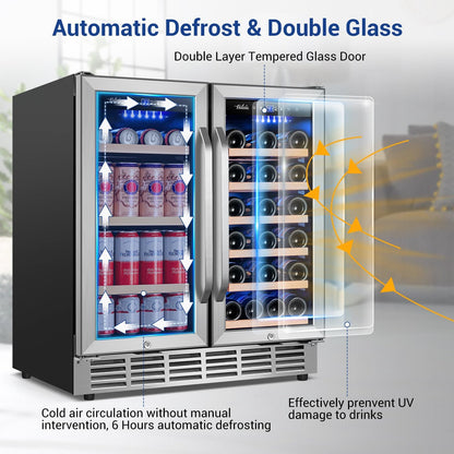 Wine and Beverage Refrigerator 30 Inch, Upgrade Dual Zone Wine Cooler, 30'' Wine beverage Fridge Built in or Freestanding Under Counter Large Capacity Glass Door Advanced Cooling System