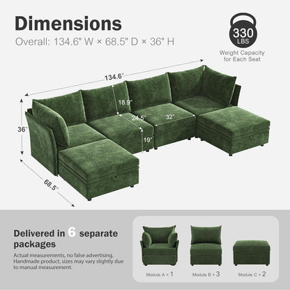 134.6" Oversized Modular Sectional Sofa, 6 Seater U Shaped Couch with Storage Ottoman with Reversible Chaise Deep Seat for Living Room, Apartment - Chenille Green