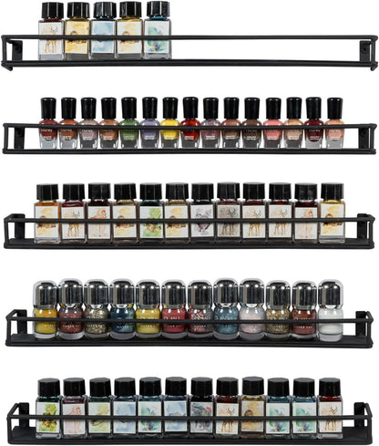 MyGift 16 Inch Wall Mounted Black Metal Nail Polish and Essential Oil Display Shelves, Kitchen Hanging Racks for Seasoning Shakers or Spice Jars, Set of 5