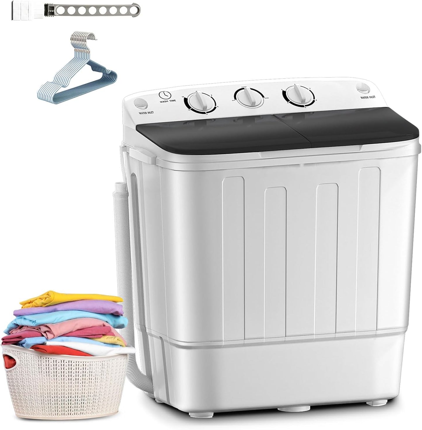 Portable Mini Twin Tub 18lbs Washing Machine With Drying Rack& 10 Hangers, 11lbs Washer & 7lbs Spinner, Small Laundry Washer with Time Control for Camping, Apartments, RV (18lbsBlack)