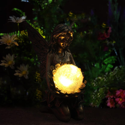 Garden Statues Outdoor Flower Fairy Decor,Solar Powered Outdoor Resin Statues-Patio Lawn Yard Porch, Funny Fairies Ornaments Figurines for Outside Garden Gifts,8.31 Inches Tall