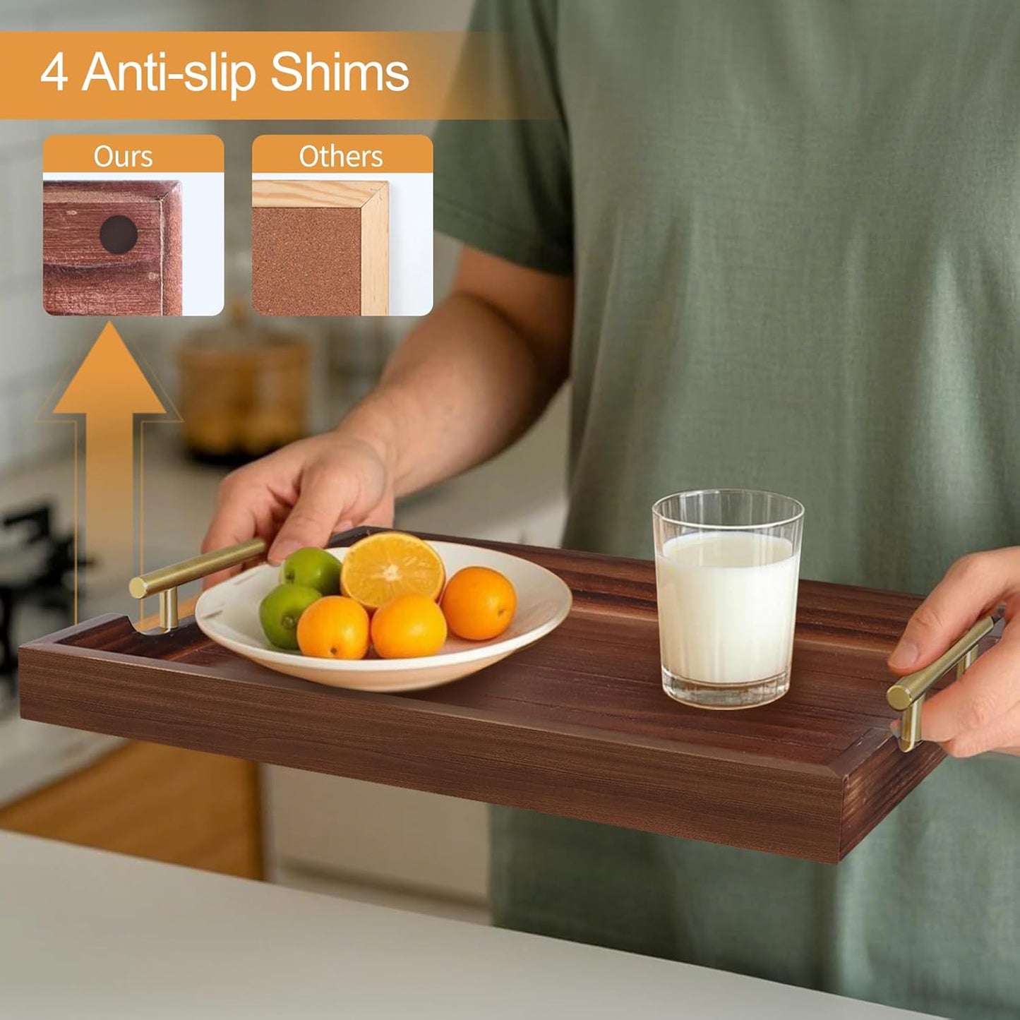 Coffee Table Tray - Large Ottoman Trays for Living Rooms - Wood Serving Tray with Handles(2 Sets) - Wooden Tray for Coffee Table, 4 Round Coasters Included, Dark Brown