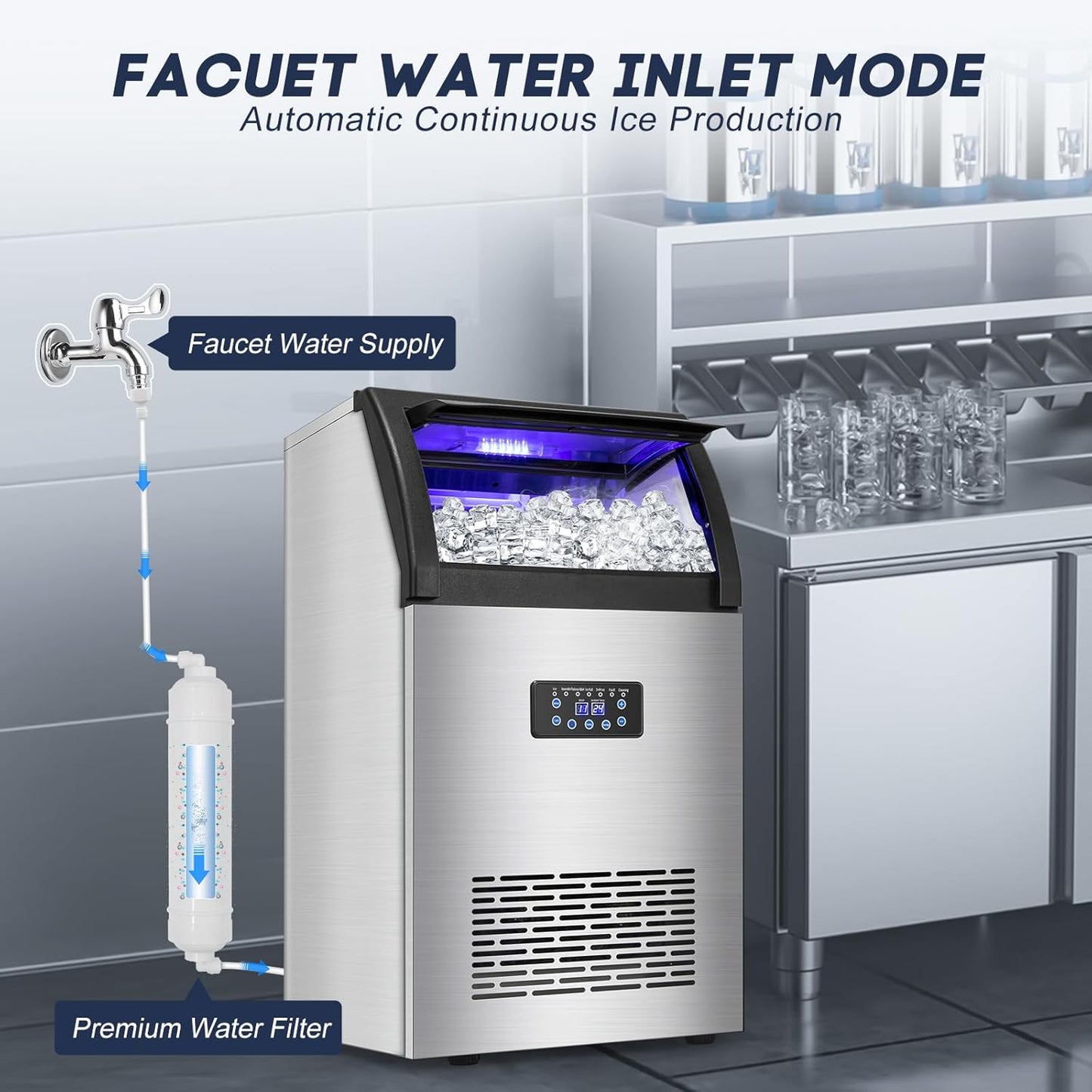 Commercial Ice Maker Machine 150LBS/24H with 50LBS Storage Bin, Stainless Steel Undercounter/Freestanding Ice Maker Machine for Home Bar Outdoor, 55PCS Ice Cubes Ice Machine, Self Cleaning