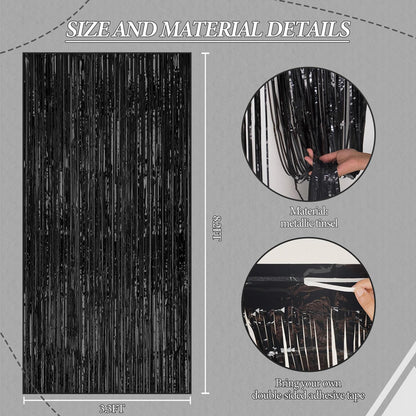 3 Pack Foil Fringe Backdrop - Black Shiny Tinsel Curtains for Party Decoration/Photo Booth Props - 3.3x8.2 FT Metallic Foil Backdrop for Birthday, Wedding, Graduation, Christmas.