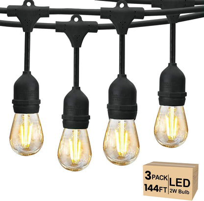 Svater 144 FT Outdoor String Lights 2W, Patio Light for Outside with 48 Antique S14 Plastic LED Bulbs, IP65 Waterproof Hanging Cafe Market Lighting, ETL-Listed Dimmable Warm White (48 FT x 3)