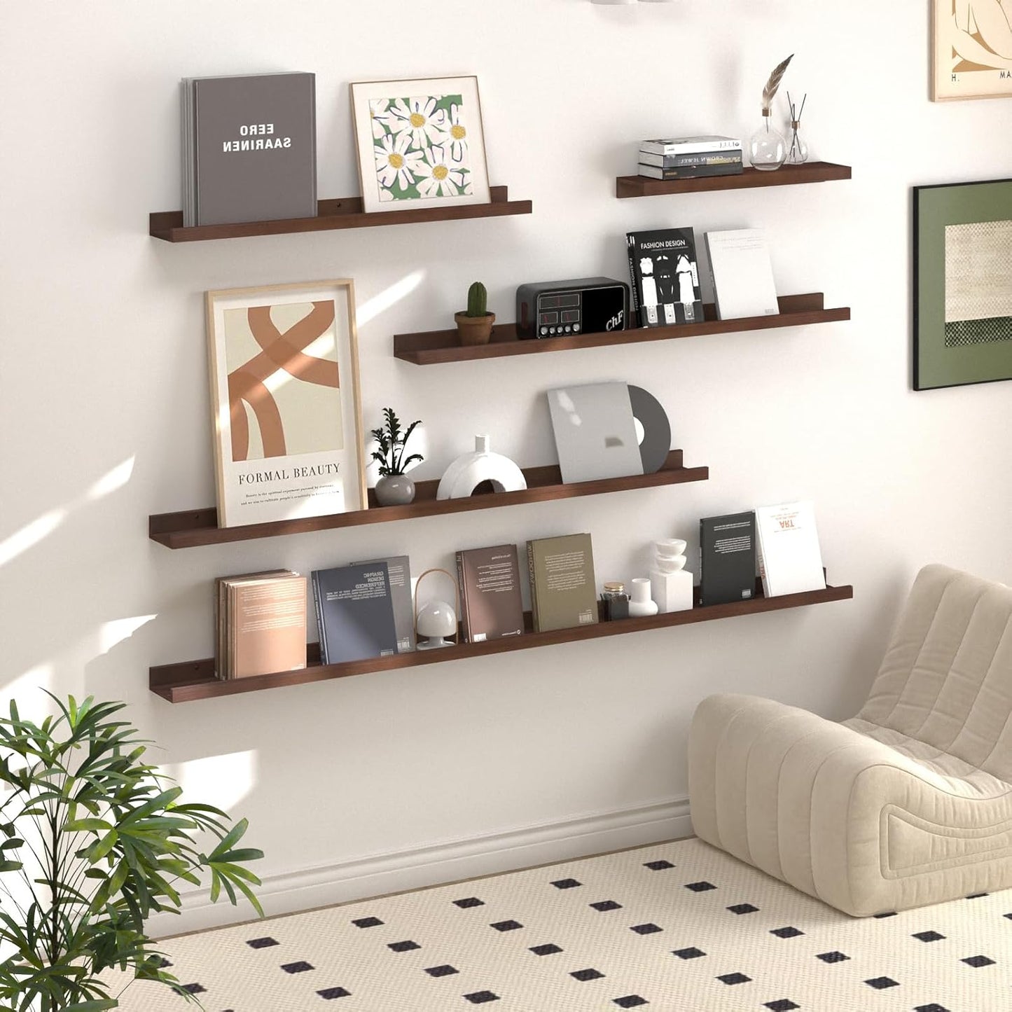 SAUMONIERES Picture Ledge Shelf Floating Book Shelves Set of 2 Wall Mounted Solid Wood for Bedroom Bathroom Living Room Kitchen, 48 Inch Walnut