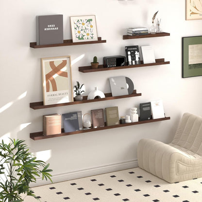 SAUMONIERES Picture Ledge Shelf Floating Book Shelves Set of 2 Wall Mounted Solid Wood for Bedroom Bathroom Living Room Kitchen, 48 Inch Walnut