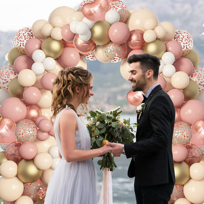 Amandir 153Pcs Boho Blush Balloon Garland Arch Kit, Double-Stuffed Nude Cream Peach Dusty Rose Pink Gold Confetti Metallic Balloon for Baby Shower Birthday Party Wedding Decorations