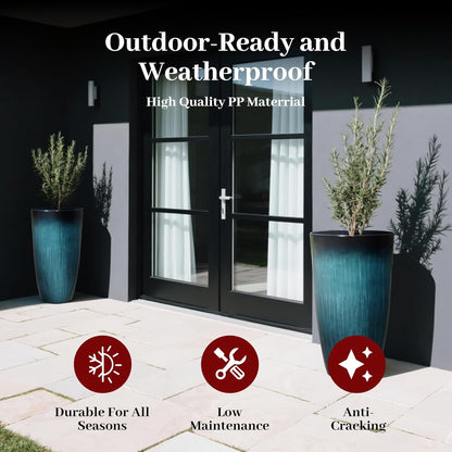 KOL 2-Pack 23.5" Plastic Planters, Gradient Blue Glossy Large Tall Plant Pots, Lightweight Decorative Flower Containers with Drainage Hole & Dual-Purpose Saucer – Indoor & Outdoor Use Front Porch