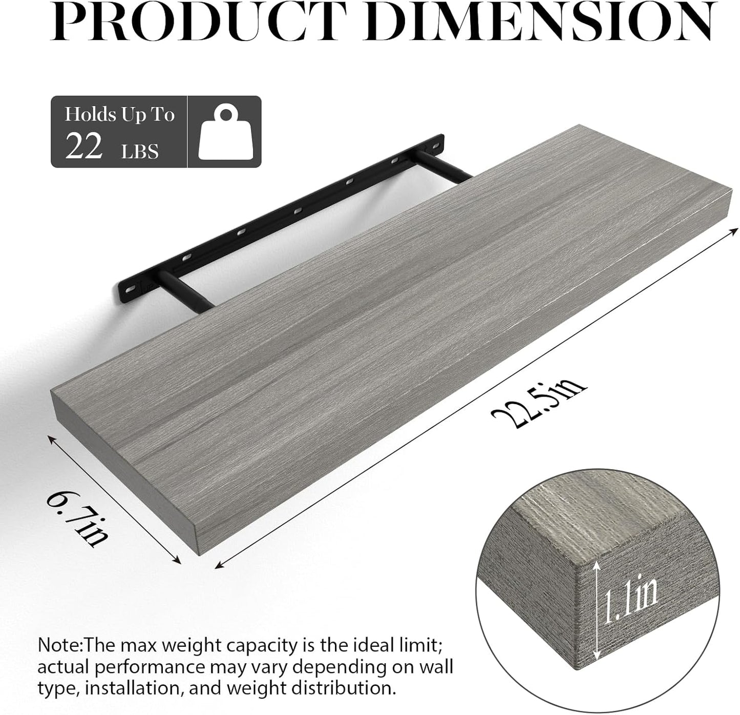 BAYKA Floating Shelves, 22.5" Wall Mounted Wood Shelves for Bathroom, Bedroom, Living Room, Kitchen, Hanging Shelf for Books/Storage/Decor (Grey,Set of 2)