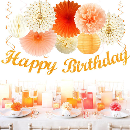 Orange-Beige Fal Boho Birthday Party-Decorations - 21pcs Autumn One Two Sweet Peach Happy Banner,Girls Groovy Paper Streamers Lanterns Honeycomb,Tissue Pom Poms Fan,Hippie Garland Decor Huglony
