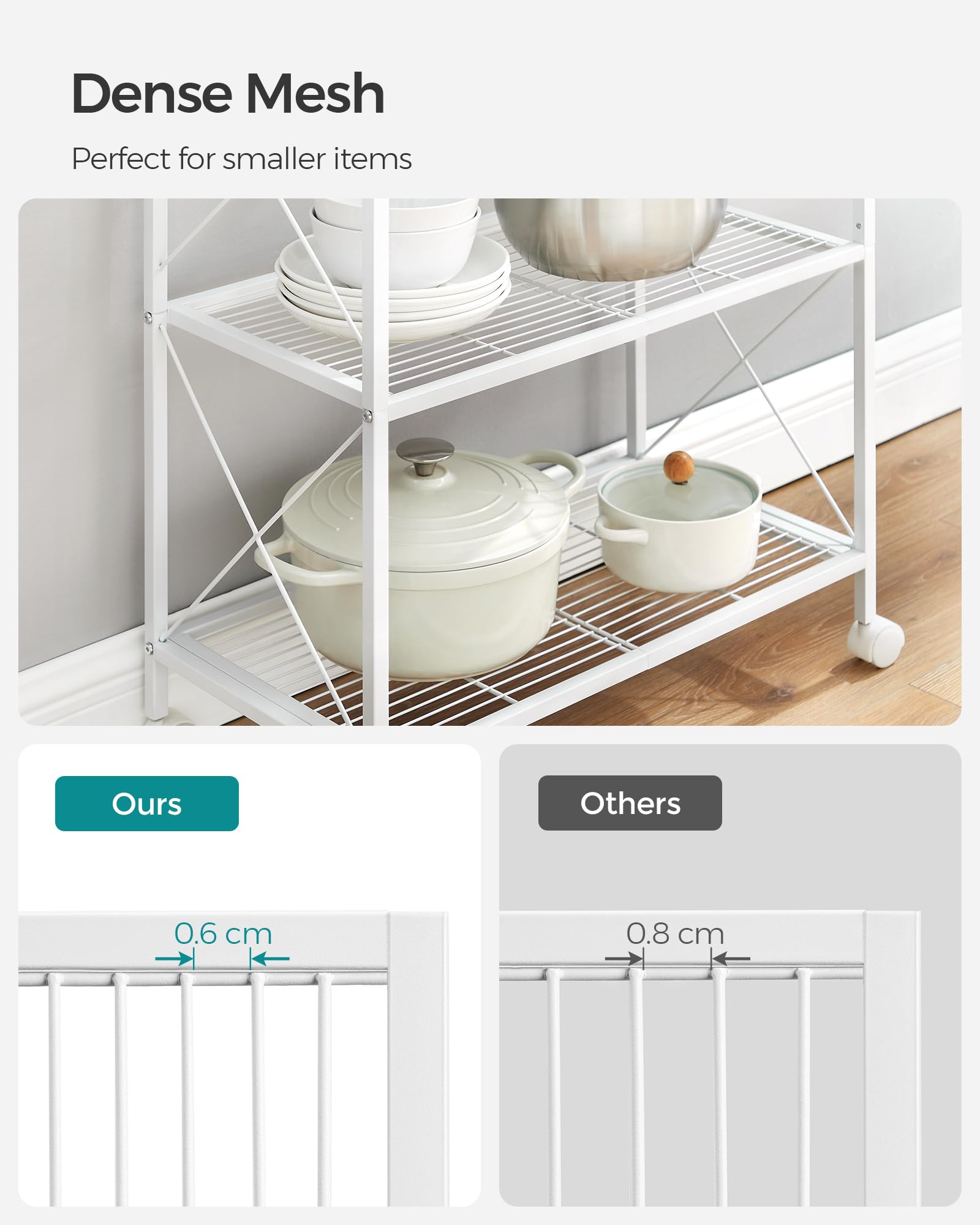 SONGMICS 3-Tier Metal Storage Rack with Wheels, Mesh Shelving Unit with X Side Frames, 23.6-Inch