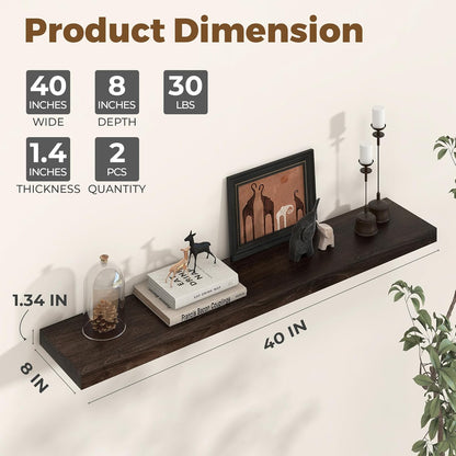 Axeman Floating Shelves for Wall - 40''W x 8'' D Rustic Solid Elm Wood Shelves for Storage, Wall Mounted Display Shelving with Invisible Heavy-Duty Metal Bracket (Walnut, 2PCs)