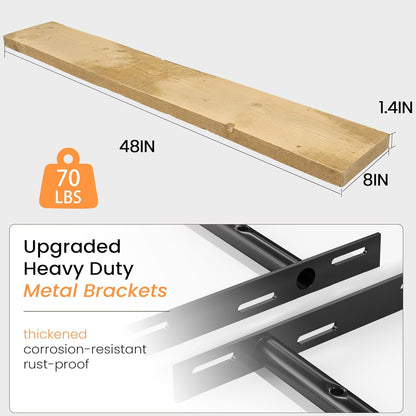 Fun Memories Floating Shelves for Wall Decor, 48"x8" Rustic Reclaimed Wood Shelves, Heavy-Duty Wall Mounted Shelves with Invisible Brackets for Living Room, Bedroom, Kitchen, Natural Finish, Set of 2