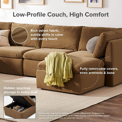 mopio Oversized Modular Sectional Sofa with Fully Removable Covers and Storage, Convertible U & L Shaped Sectionals, Modern Cloud Couch with Ottoman Chaise (Hazelnut Velvet, 6 Seats, L)