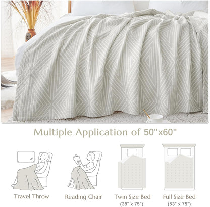jinchan Boho 100% Cotton Blanket Muslin 50x60 Inches Lightweight 3-Layer Geometric Triangle Striped Pattern Reversible Quilt Throw Soft Breathable Comfy All Seasons for Couch Bed Decor, Light Grey