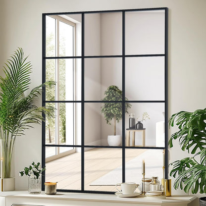 Windowpane Wall Mirror 30"x48" Black Wall Mounted Art Pane Mirror Farmhouse Decorative Mirror Leaning Hanging Wall Mirror for Bedroom Living Room Entrance Hallway Wall Decor
