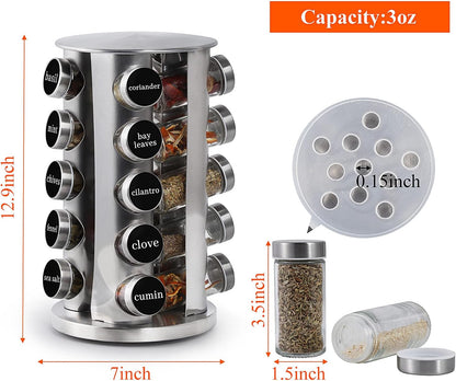 DOUBLE 2 C Revolving Spice Rack with 20 Jars, Rotating Spice Rack Organizer, Seasoning Organizer with Labels, Stainless Steel Spice Carousel for Kitchen Countertop, Cabinet