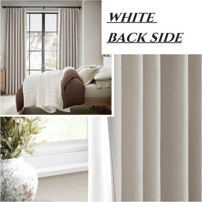 Natural Linen Pinch Pleated Blackout Curtains & Drapes 96 Inch Long Bedroom/Livingroom Farmhouse Curtains 2 Panel Sets, Neutral Track Room Darkening Thermal Insulated 8ft Back Tab Window Curtain