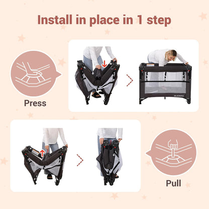 ELEMARA 5 in 1 Pack and Play, Adjustable Baby Bedside Bassinet Sleeper,1-Second Setup Foldable Playard from Newborn to Toddles,Bedside Crib with Changing Table,Portable Travel Bassinet,Ziper Door,Gray