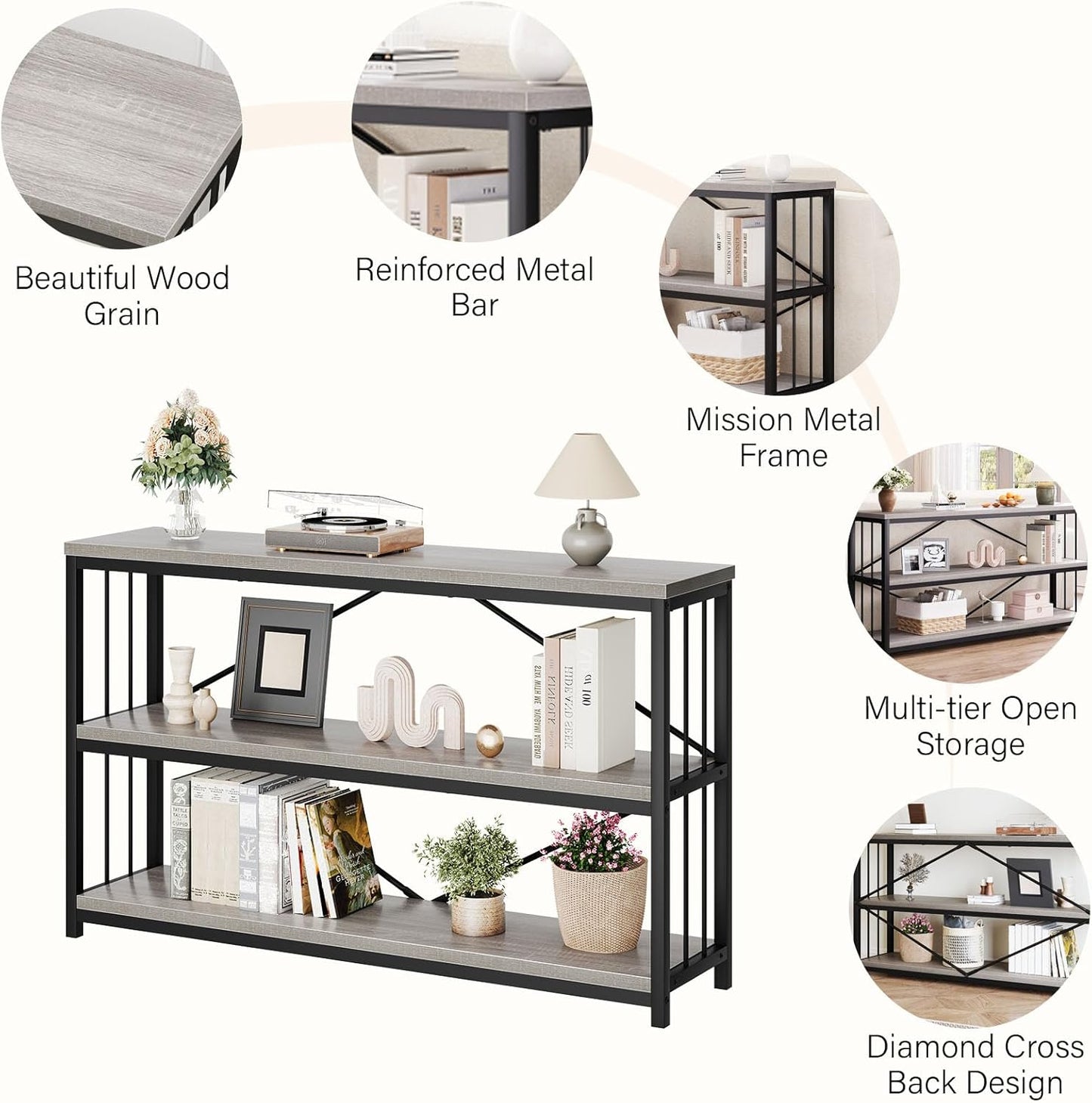 LVB Farmhouse Entryway Table, Metal Wood Console Table for Hallway, Industrial Rustic Sofa Table with 3-Tier Storage Shelf, Modern Entry Table for Foyer Front Home Living Room, Light Grey Oak, 47 inch