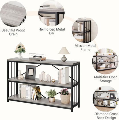 LVB Farmhouse Entryway Table, Metal Wood Console Table for Hallway, Industrial Rustic Sofa Table with 3-Tier Storage Shelf, Modern Entry Table for Foyer Front Home Living Room, Light Grey Oak, 47 inch