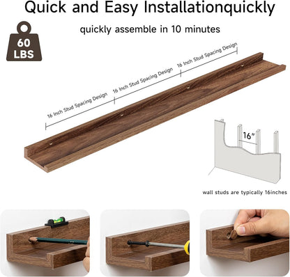 Floating Picture Ledge Shelves for Wall Set of 2, 55 Inches Picture Shelf with Ledge, Nursery Book Shelf for Toys Storage Kids Bookshelf Wall Mounted Living Room Bedroom Decor Frames, Walnut