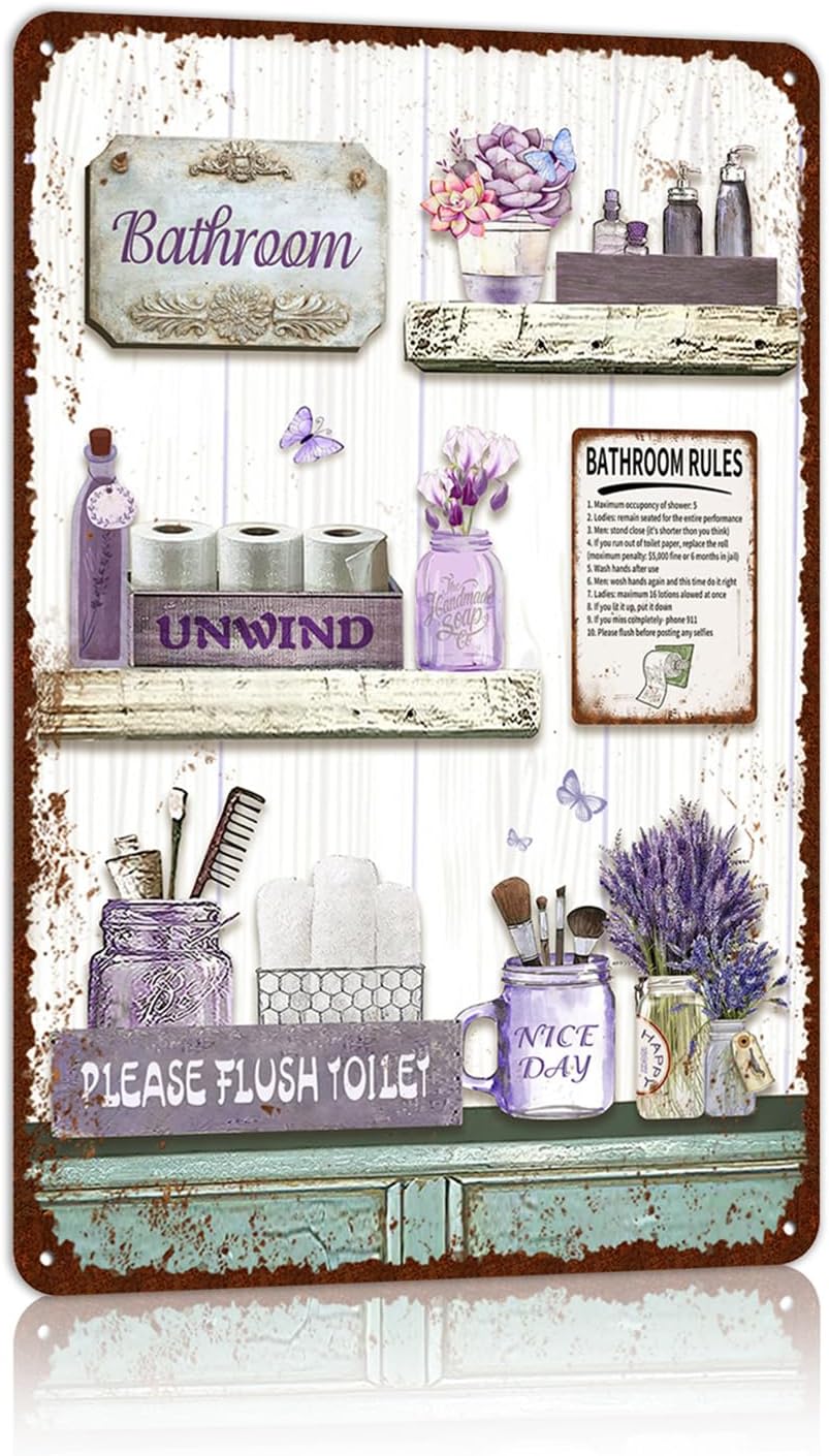 Vintage Farmhouse Bathroom Metal Tin Signs Rustic Flower Country Wall Art Decor 8X12 Inches