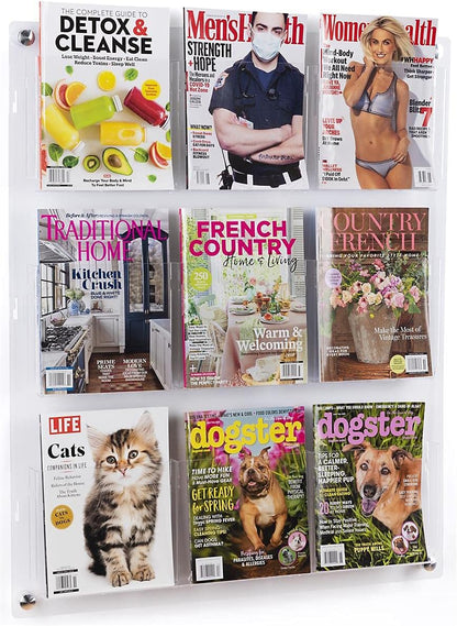 Displays2go 3-Tiered Clear Acrylic Magazine Rack, Adjustable, 9-18 Pockets - Clear (2RP9CLR)