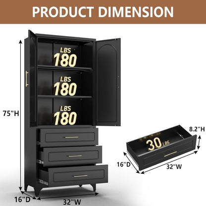 Kitchen Pantry Cabinet, 75" Tall Pantry Cabinet with Three Drawers, Freestanding Food Cupboard with Doors and Shelves, Metal Storage Cabinets for Dining, Living Room, Black, Assembly Required