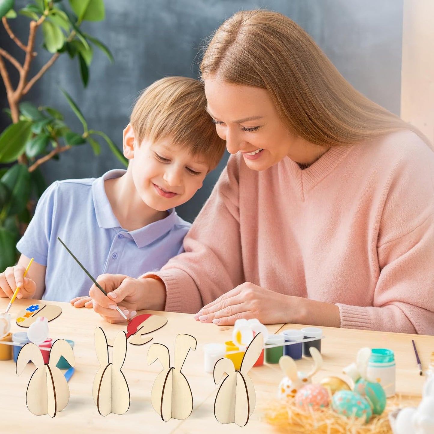 COCHIE DIY 3D Easter Eggs Wood Crafts to Paint for Kids Adults, Paintable Unfinished Wooden Slices for Craft, Bunny Ears Cutouts Ornaments for Painting Decorations (24 PCS)