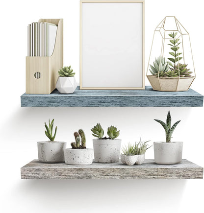 Sorbus Floating Shelf — Hanging Wall Shelves Decoration — Perfect Trophy Display, Photo Frames — Extra Long 24 Inch (Rectangle Shelf Set - Blue White)