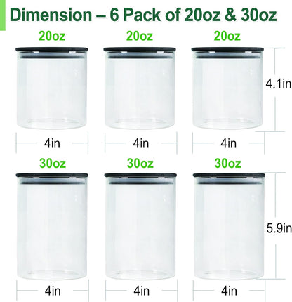 Urban Green Glass Jars with Black Bamboo Lids, Food Storage Containers with Airtight Black Lids, Glass Kitchen Canisters Sets (3 pack of 20oz + 3 pack of 30oz)
