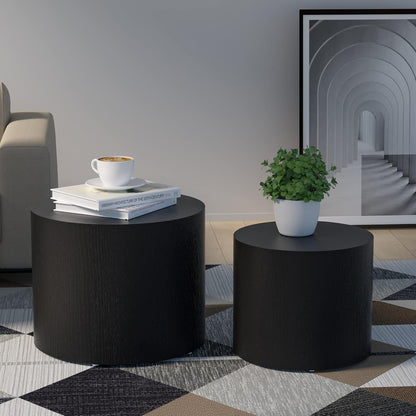 Nesting Coffee Table Set of 2, Round Side Tables Set, Wooden Accent Table, Modern End Tables, Minimalist Circle Table for Small Space Living Room Bedroom, Black