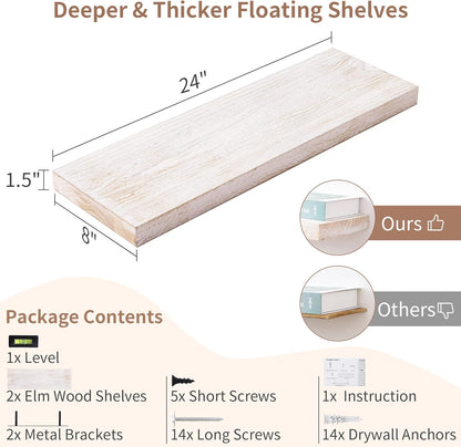 Axeman Floating Shelves for Wall, 24''W x 8''D Rustic Solid Elm Wood Wall Shelves for Storage, Wall Mounted Display Shelving with Invisible Heavy-Duty Metal Bracket (White Wash, 2PCs)