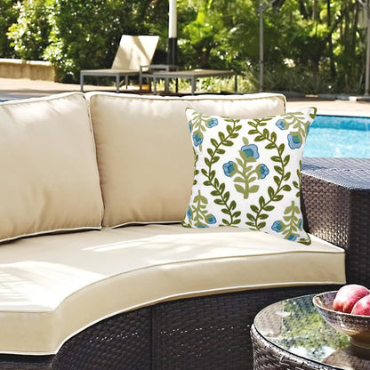 Alysheer Floral Embroidered Summer Decorative Throw Pillow Cover 18"x 18", Farmhouse Cottage Blue Flowers Green Leaves Knit Pattern Cotton Canvas Cushion Case for Sofa Couch Bed Living Room Decor