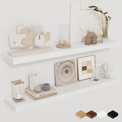 Fun Memories 36Inch Floating Shelves for Wall 2 Pack Wood Shelves for Kitchen, Bathroom, Bedroom Wall Mounted Rustic Wood Floating Shelf with Invisible Brackets for Books, Storage, Decor, White