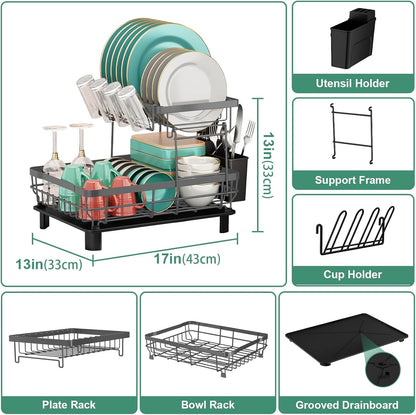 MOUKABAL Dish Drying Rack, 2 Tier Dish Rack, Large Dish Racks for Kitchen Counter, Dish Drainer with Removable Utensil Holder, Drainboard (Grey)