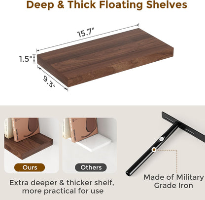 Fun Memories 16 Floating Shelves for Wall, 9 Inch Deep Floating Shelf for Bathroom, Rustic 16 x 9 Floating Shelf for Kitchen, Bedroom, Wide Wooden Shelves Wall Mounted, Walnut Color, Set of 2