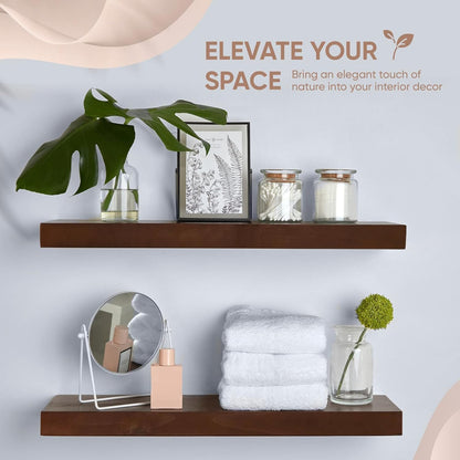 Homeforia 24inch Walnut Floating Shelves for Wall, High End Solid Real Wood 24in Floating Shelf for Bathroom, Dark Brown 24 inch Long Floating Shelves, Heavy Duty Bracket, 24 X 6.5 X 1.75 in, Set of 4