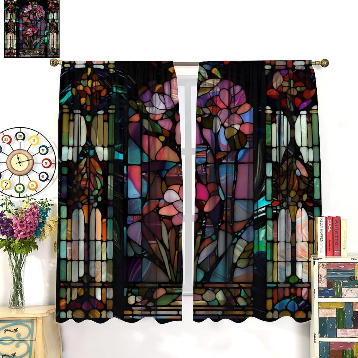 Stained Glass Curtains,Vintage Colorful Abstract Art Home Decor Drapes for Bedroom Living Room Kitchen Window Treatment 2 Panels Set Total Size 52" W X 84" L Inch