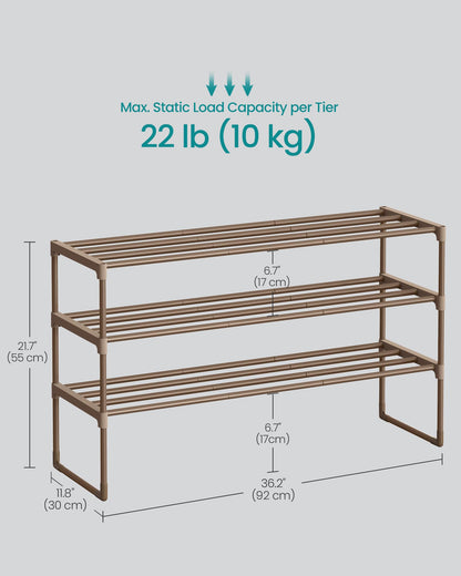 SONGMICS Shoe Rack, 3-Tier Shoe Organizer, Metal Storage Shelf, Upright or Upside Down, for 16-20