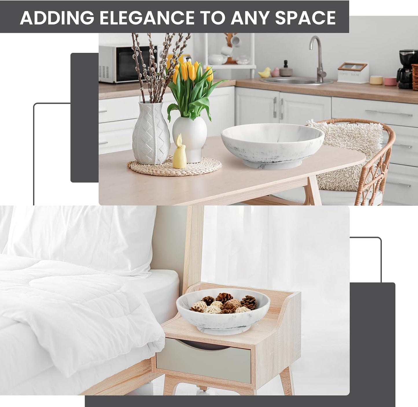 Large Decorative Bowl,Modern Fruit Bowl for Kitchen Counter,Handicraft Decorative Bowls for Home Decor,Stylish Key Bowl for Entry Table,Artificial White Marble