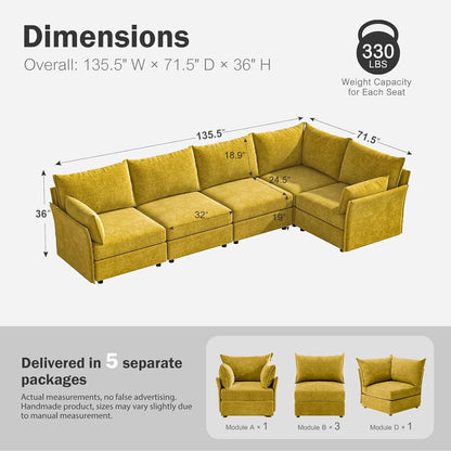 135.5" Oversized Modular Sectional Sofa, L Shaped Convertible Couch with Movable Ottoman, 5 Seat Corner Couches for Living Room Deep Seat Yellow Chenille