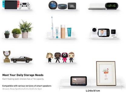 OAPRIRE Clear Acrylic Floating Shelves Set of 2 - Easily Expand Wall Space - 12 Inch Small Wall Shelf with Strong Adhesive for Bathroom, Bedroom, etc