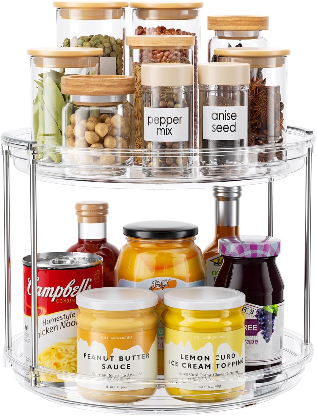 2 Tier Lazy Susan Organizer, 9.25'' Lazy Susan Turntable for Cabinet, Stackable Turntable Organizer Rotating Spice Rack Organization for Kitchen Countertop, Pantry, Bathroom, Clear