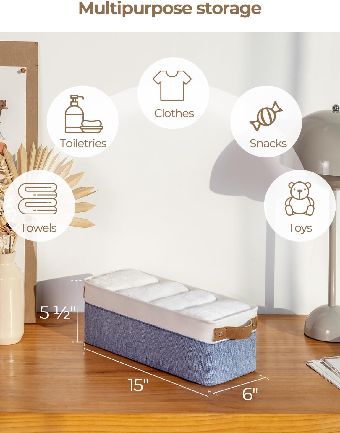 StorageWorks Narrow Storage Bins, Small Basket for Closet and Shelves, Fabric Organizer with Handles, Toilet Paper Storage, Blue and White, 2-Pack