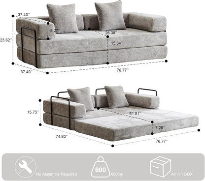 Convertible Sleeper Sofa Bed, Compression Folding Sofa with Pillow, No Assembly Required, Shape Frame, Floor Sofas Lounge Couchs for Living Room, Bedroom, Small Spaces(Chenille, 77''W, Light Grey)