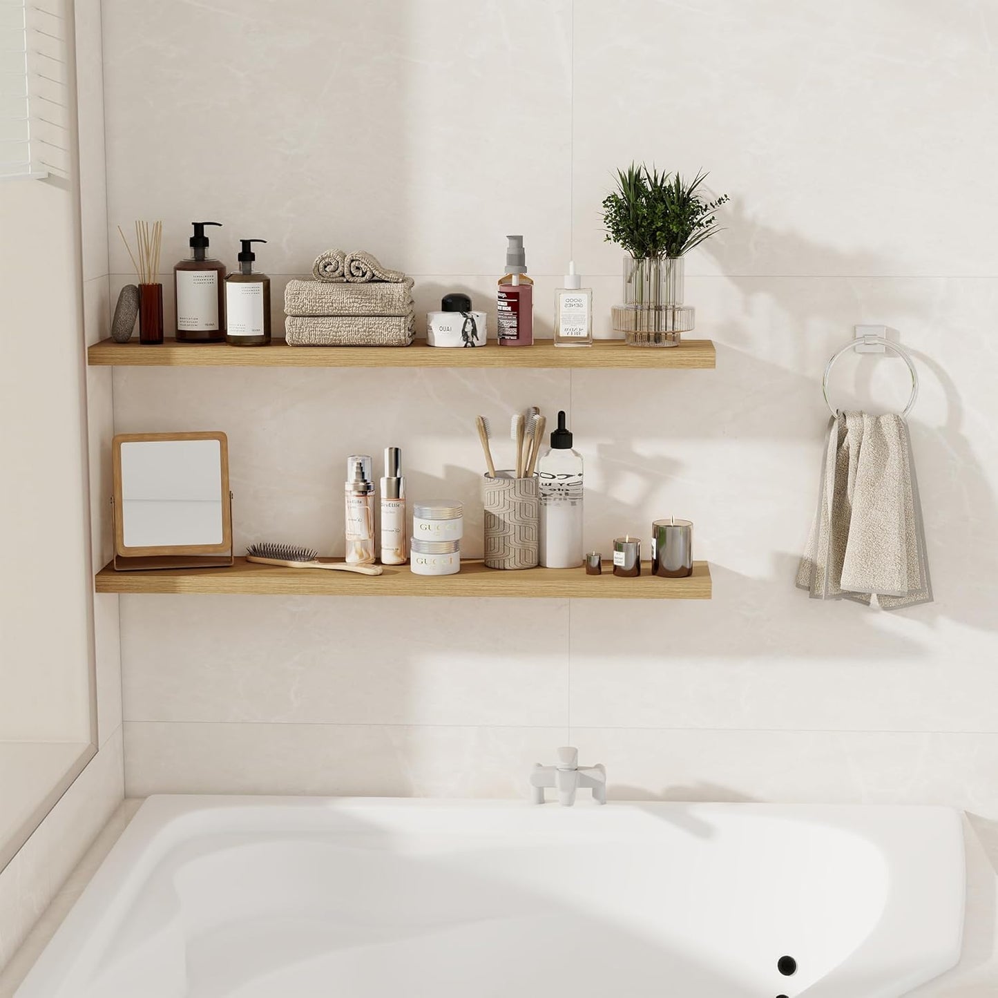 Fun Memories Floating Shelves for Wall, 40" Rustic Wood Deep Wall Mounted Shelves with Invisible Brackets for Decor & Storage, Floating Shelf for Living Room, Bathroom (Oak, Set of 2)