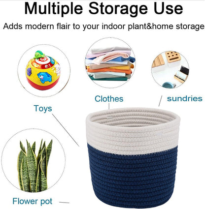 Cotton Rope Plant Basket Woven Baskets for 6" Pot Floor Indoor Planters,Rustic Home Decor H6 3/4" x W6 1/2" White Stitching Navy Blue